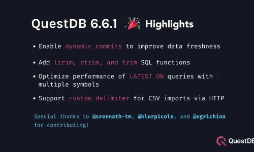 Banner for blog post with title "QuestDB 6.6.1 - Dynamic Commits"