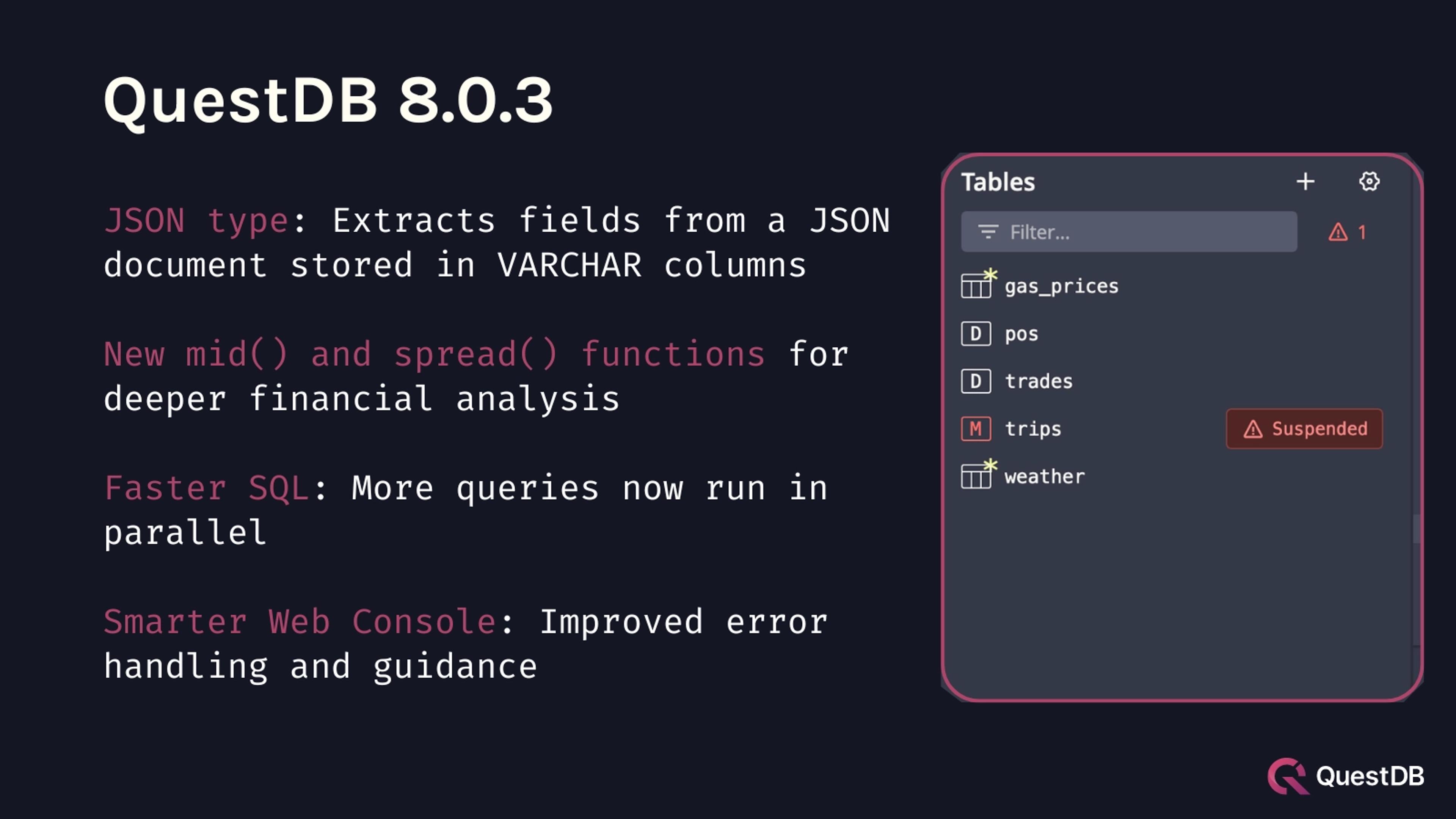 Banner for blog post "QuestDB 8.0.3 - JSON support, smarter Web Console, and more"