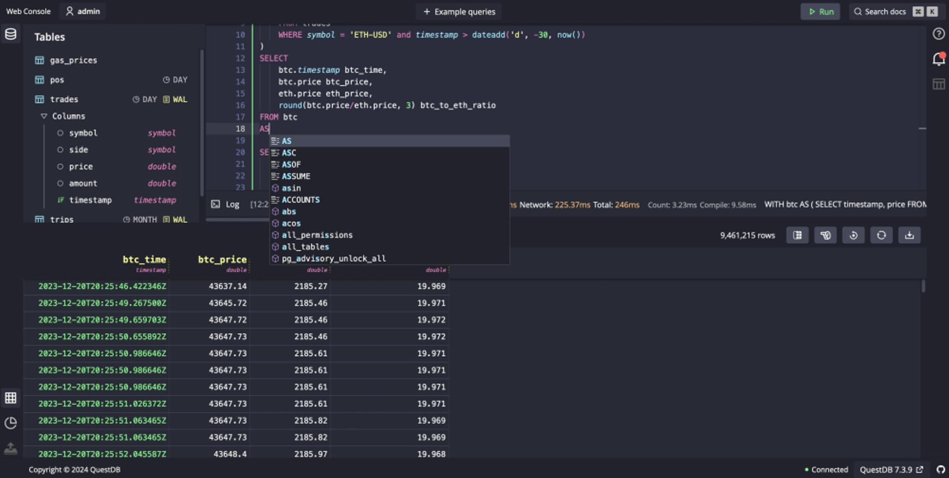 Screenshot of the Web Console showing various SQL statements and the result of one as a chart