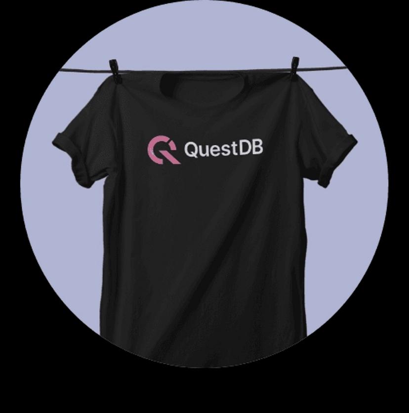 A black t-shirt with the QuestDB logo printed on the front