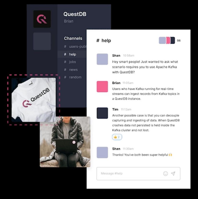 A collage showing conversation from the QuestDB community Slack workspace with QuestDB stickers that participants receive