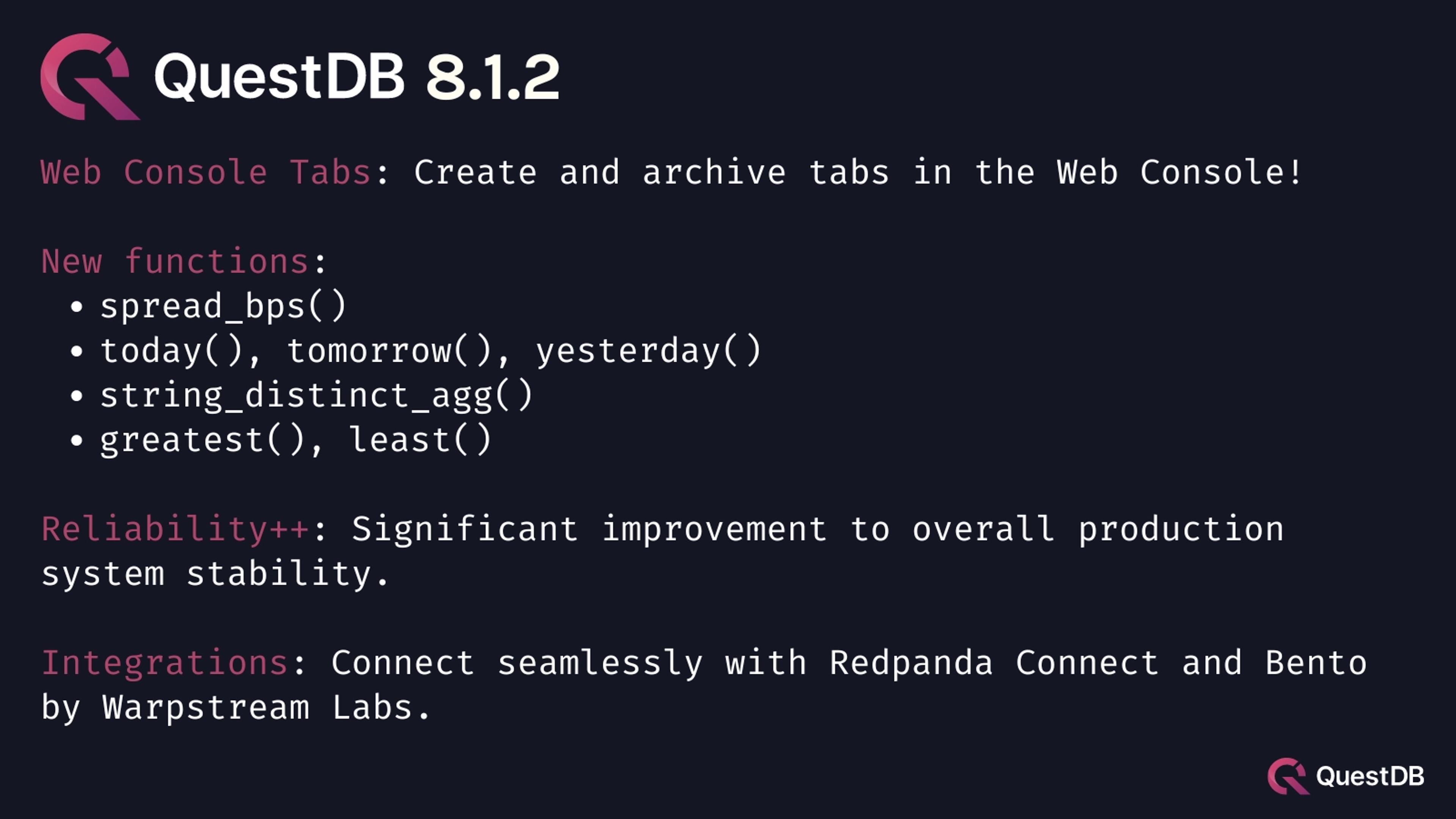 Banner for blog post "QuestDB 8.1.2 - Tabs & Balance"