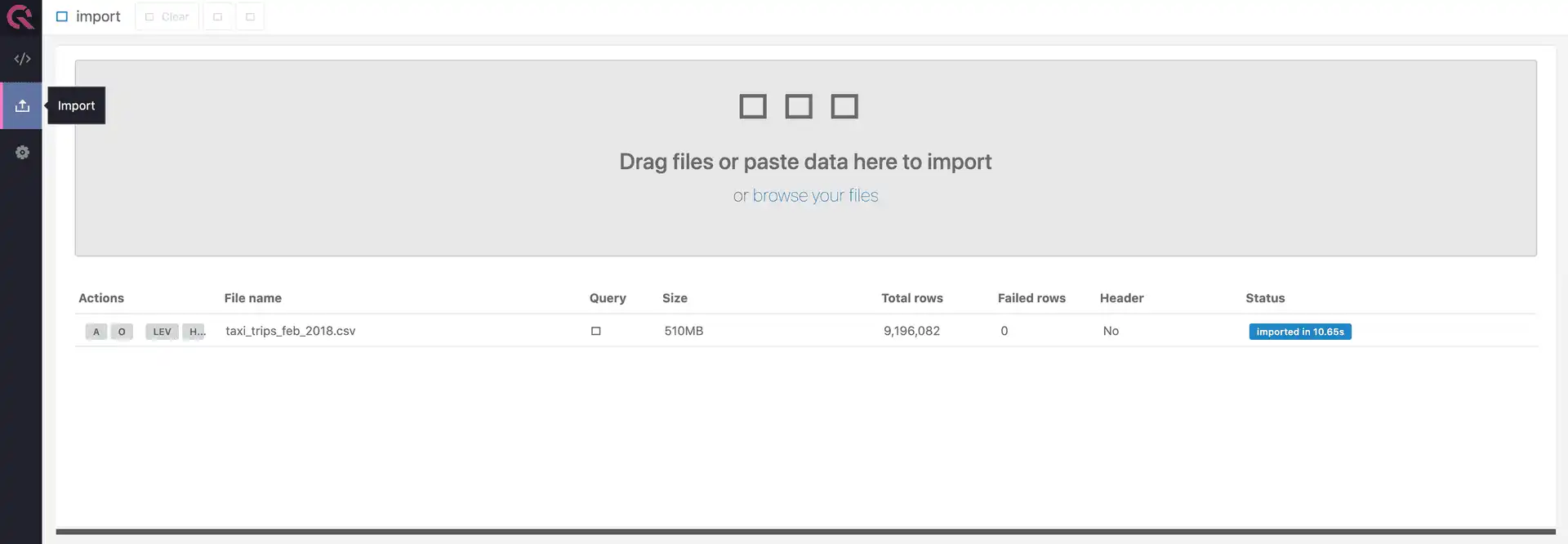 Screenshot of QuestDB Web Console import tab