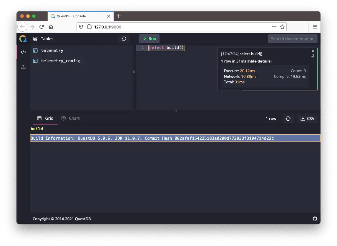A screenshot of running a function inside the QuestDB Web Console