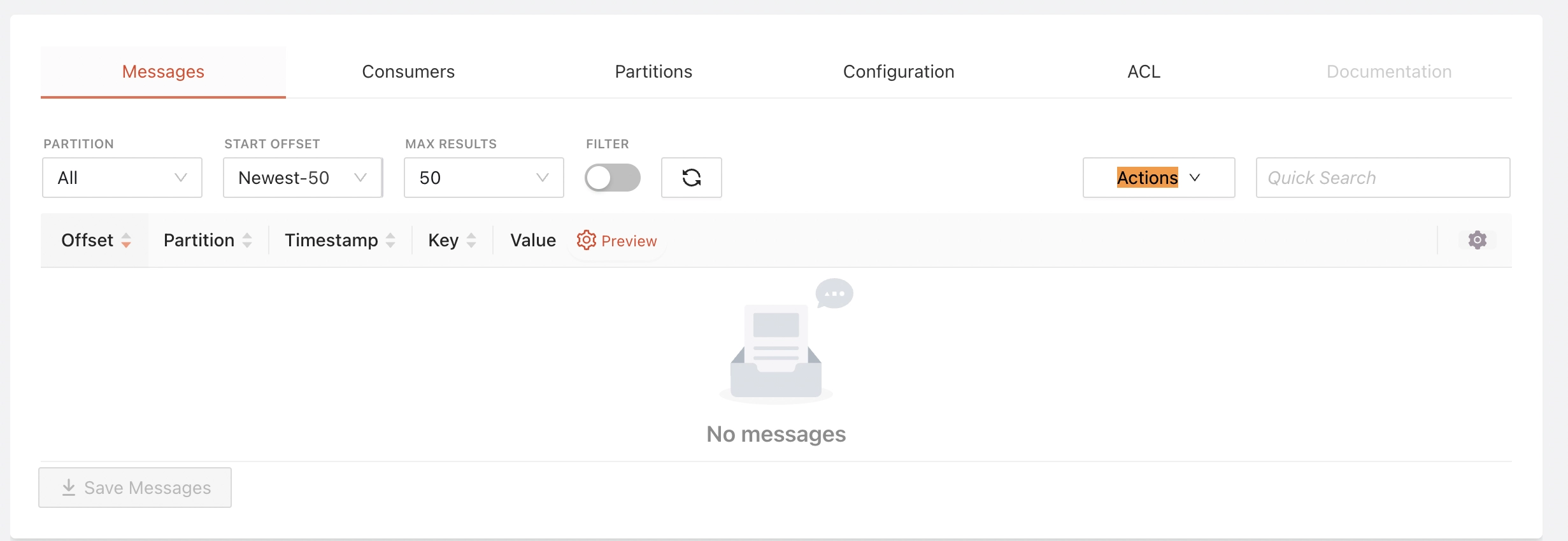 Screenshot of the Redpanda UI highlighting the Actions button