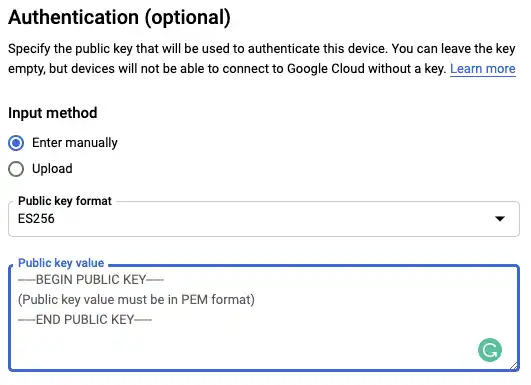 A screenshot of adding a public key to IoT Core in Google Cloud Platform