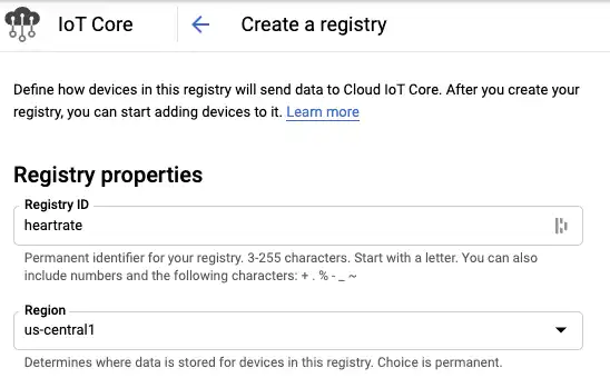 A screenshot of creating an IoT Core Device Registry in Google Cloud Platform
