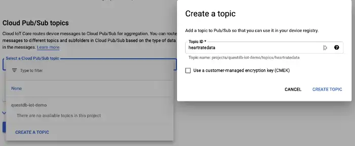 A screenshot of creating a Pub/Sub topic in Google Cloud Platform