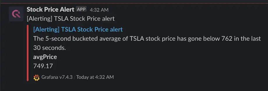 A Slack notification displaying an alert from Grafana that Tesla stock price has exceeded a threshold