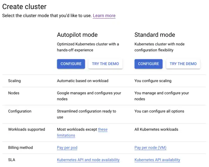 A screenshot of the Google Cloud console UI for creating a Kubernetes cluster