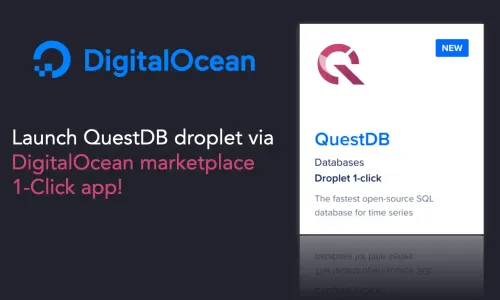 Banner for blog post with title "Launch a QuestDB droplet in 1-click via the DigitalOcean marketplace"
