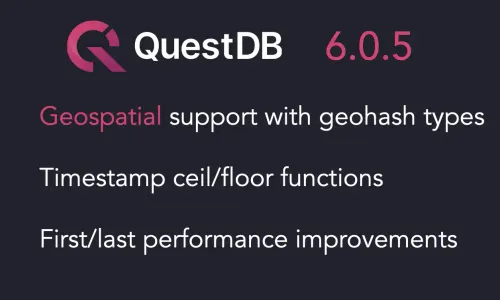 Banner for blog post with title "QuestDB 6.0.5 September release, geospatial support"
