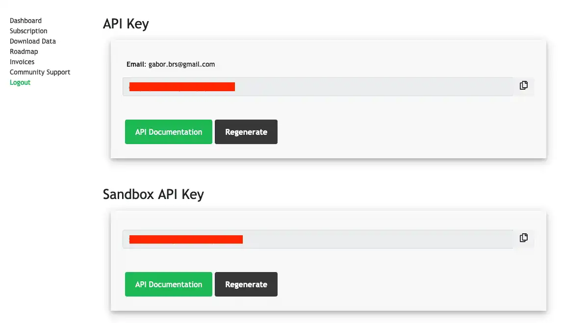 Two API keys from the Finnhub platform used in a demo application