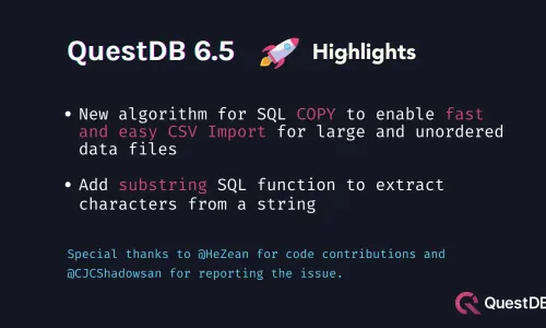 Banner for blog post with title "QuestDB 6.5 Release - CSV import"