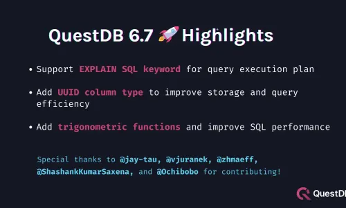 Banner for blog post with title "QuestDB 6.7 Release"