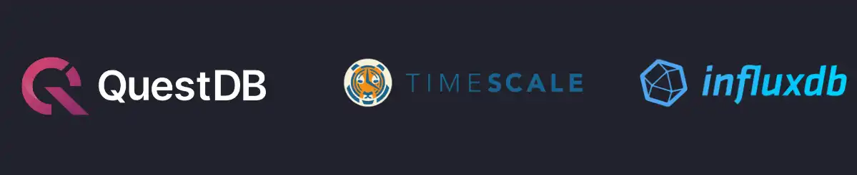 TimescaleDB logo, QuestDB logo, InfluxDB logo