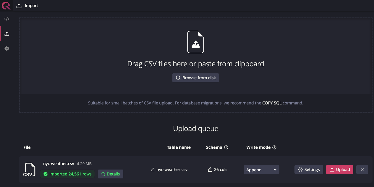 QuestDB Cloud CSV Upload