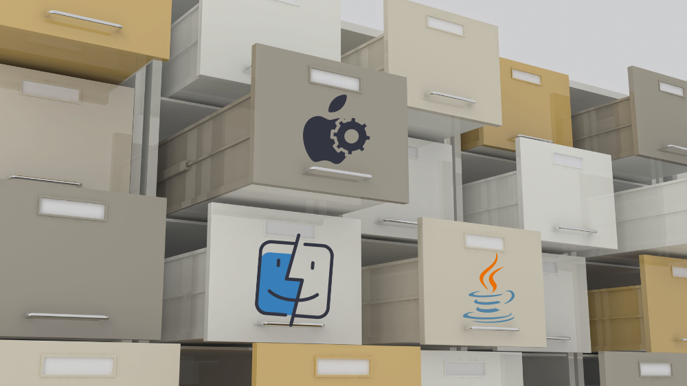 An image depicting drawers of open files with the macOS Finder, Apple, and Java logo