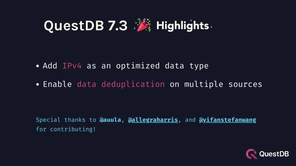 Banner for blog post with title "QuestDB 7.3 Release: Deduplication and IPv4 Support"