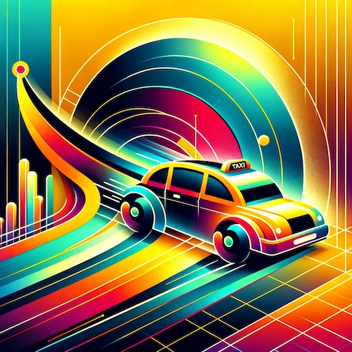 A taxi zooming over an abstract representation of graphs.
