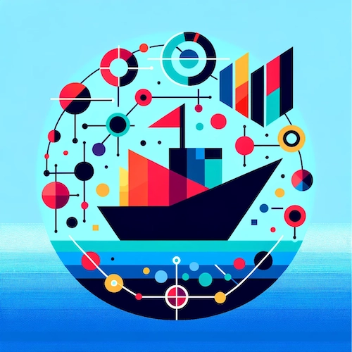 An abstract, colourful image that shows a boat surrounded by different pictographs representing data.