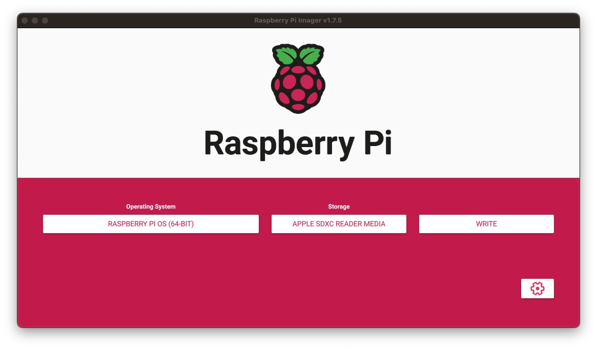 The Rasberry Pi flashing tool, showing 3x boxes, lots of raspberry reds and white. The boxes are for selecting your OS, the storage medium (SD card) and an option to write.