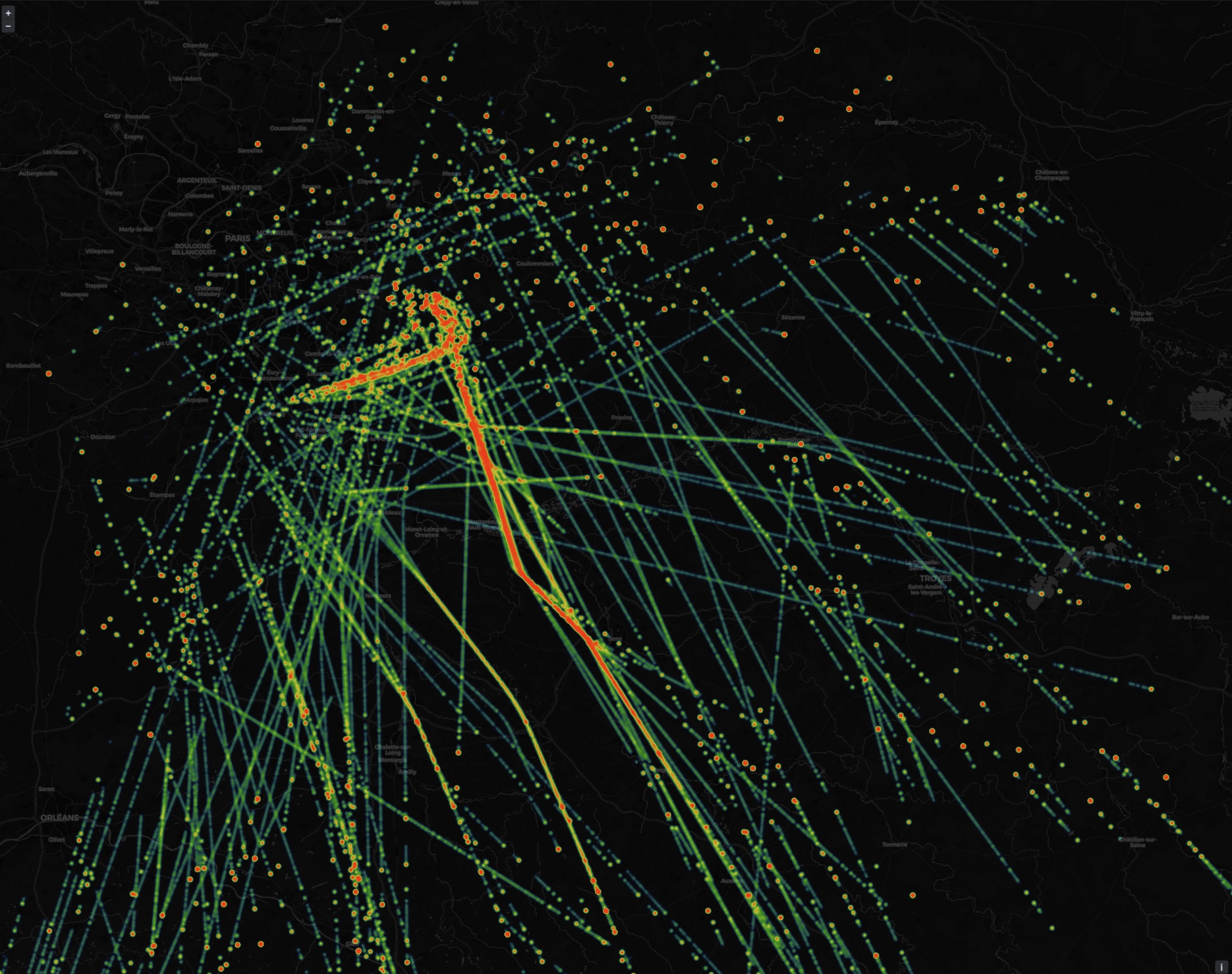 A bunch of heatmapped lines indicated flight paths over South America.
