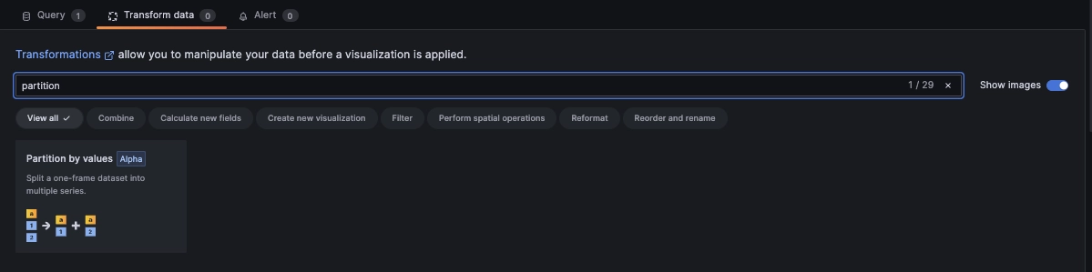 Partition by values transformation in Grafana. A UI screenshot.