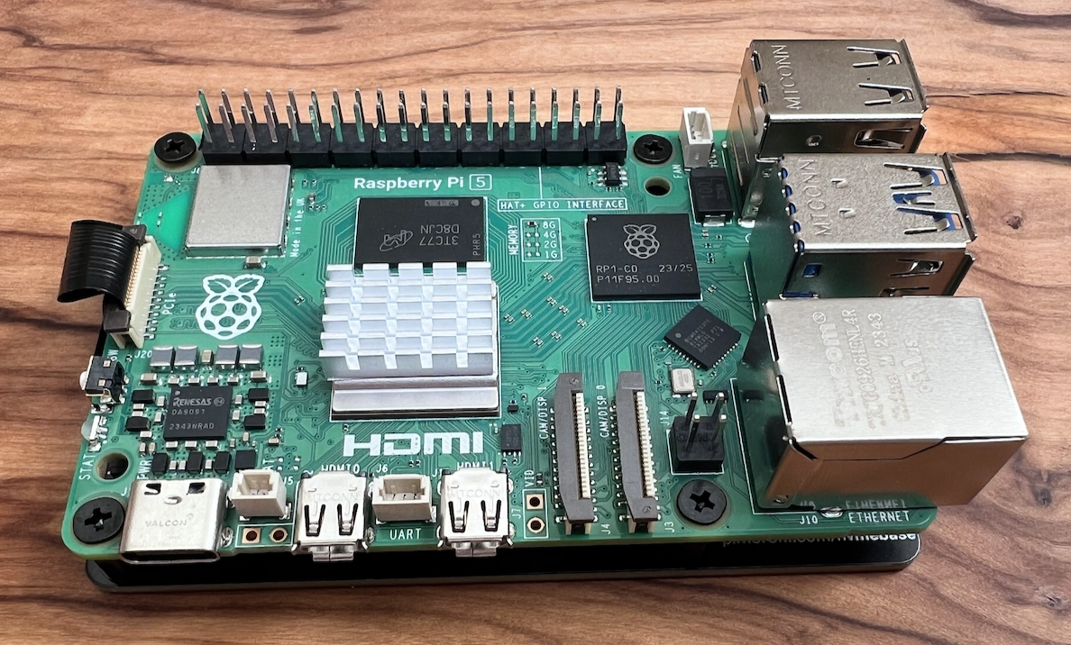 The assembled Pi! It's still raw, out of the case, but looks good stacked up with the NVMe base.