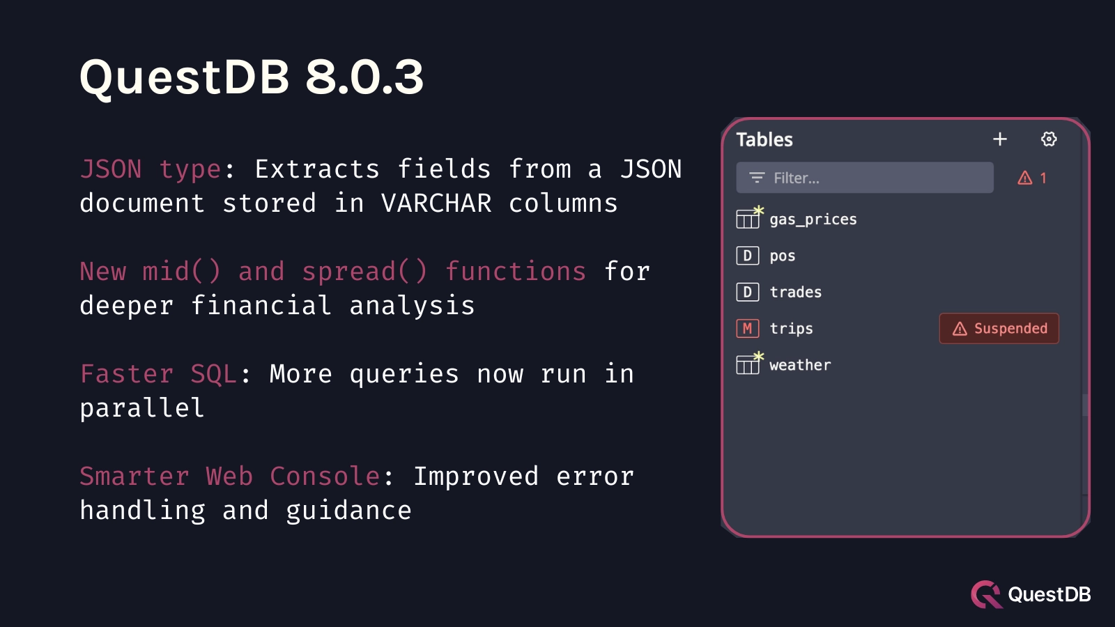 Banner for blog post with title "QuestDB 8.0.3 - JSON support, smarter Web Console, and more"