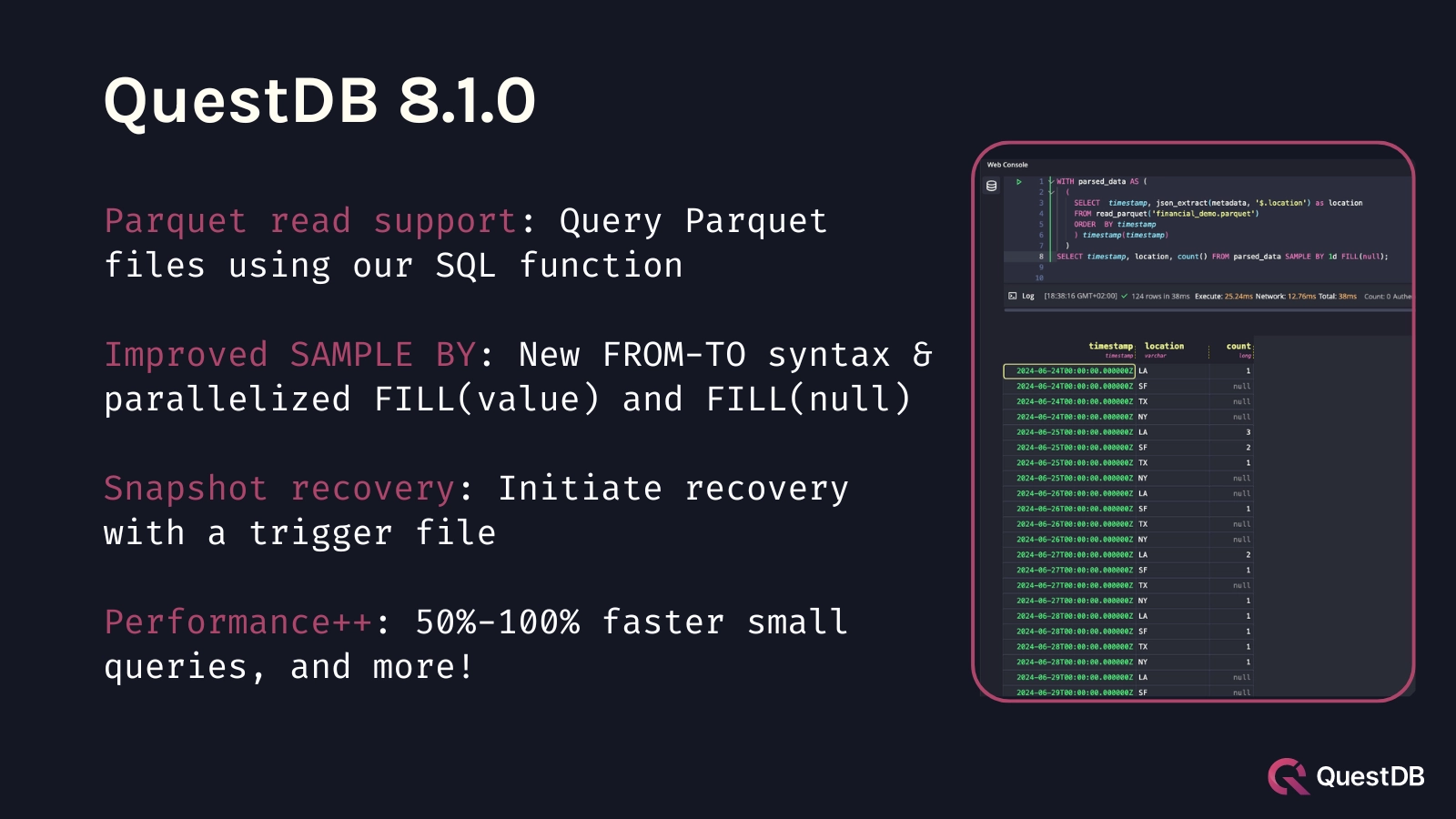 Banner for blog post with title "QuestDB 8.1.0 - Parquet, smarter snapshots, improved SAMPLE BY, and more"