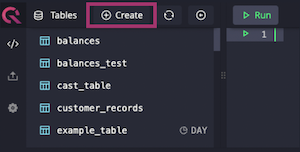 Screenshot of the create table tab