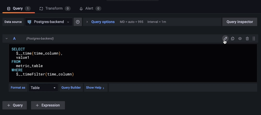 A screenshot showing how to switch to text edit mode in Grafana