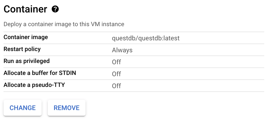 Configuring a Docker container to launch in a new QuestDB instance on Google Cloud Platform Compute Engine