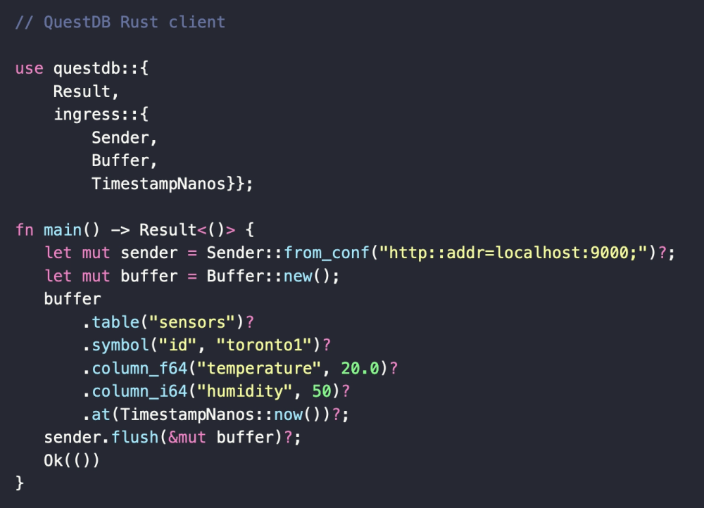 QuestDB Rust client code, from the basic Rust ingestion example in the QuestDB repository.